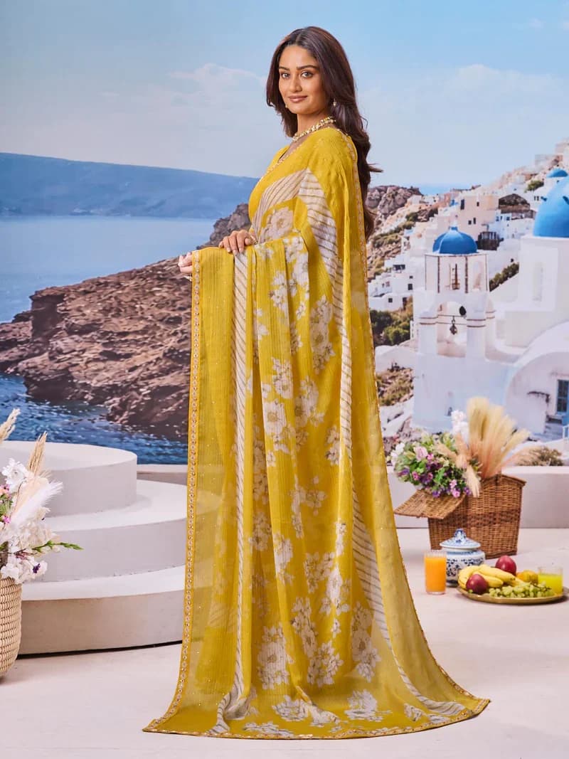 Laxmipati Yellow Silk Blend Floral Printed Saree 4