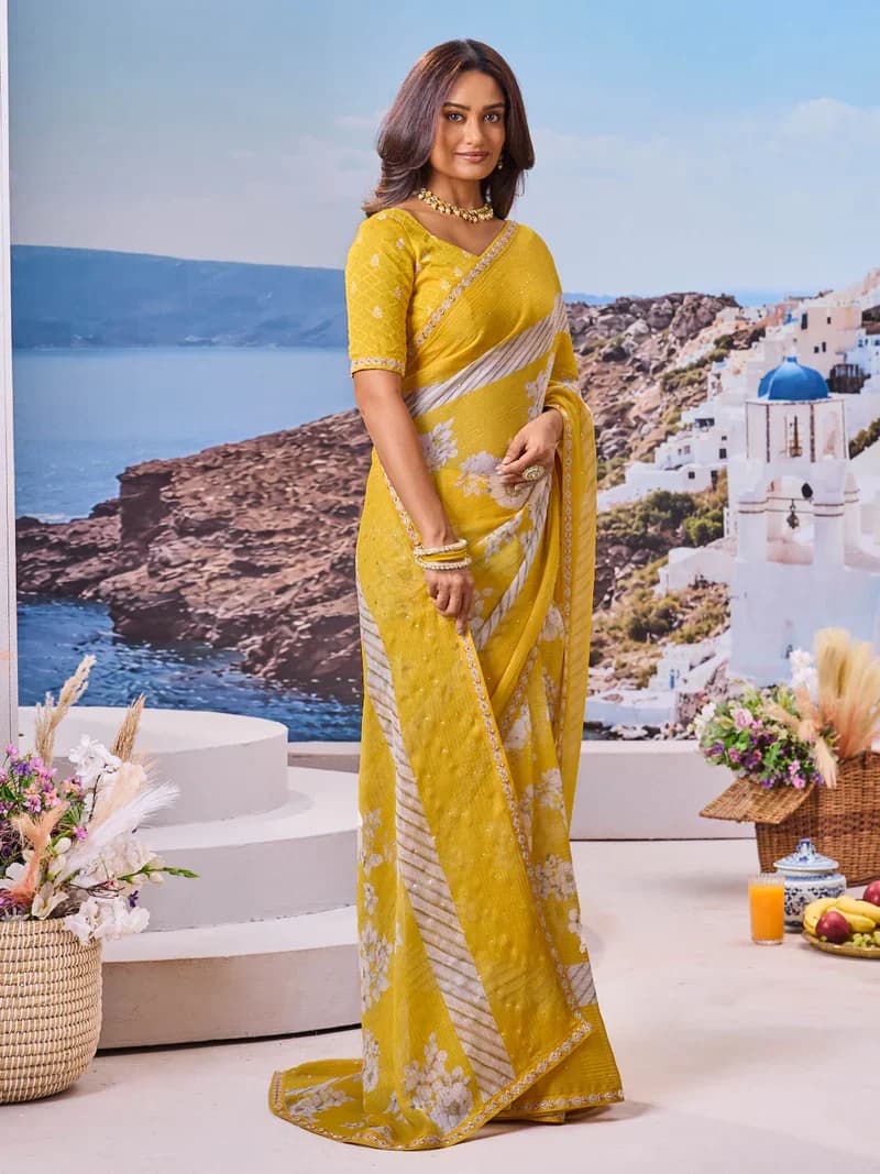 Laxmipati Yellow Silk Blend Floral Printed Saree 5