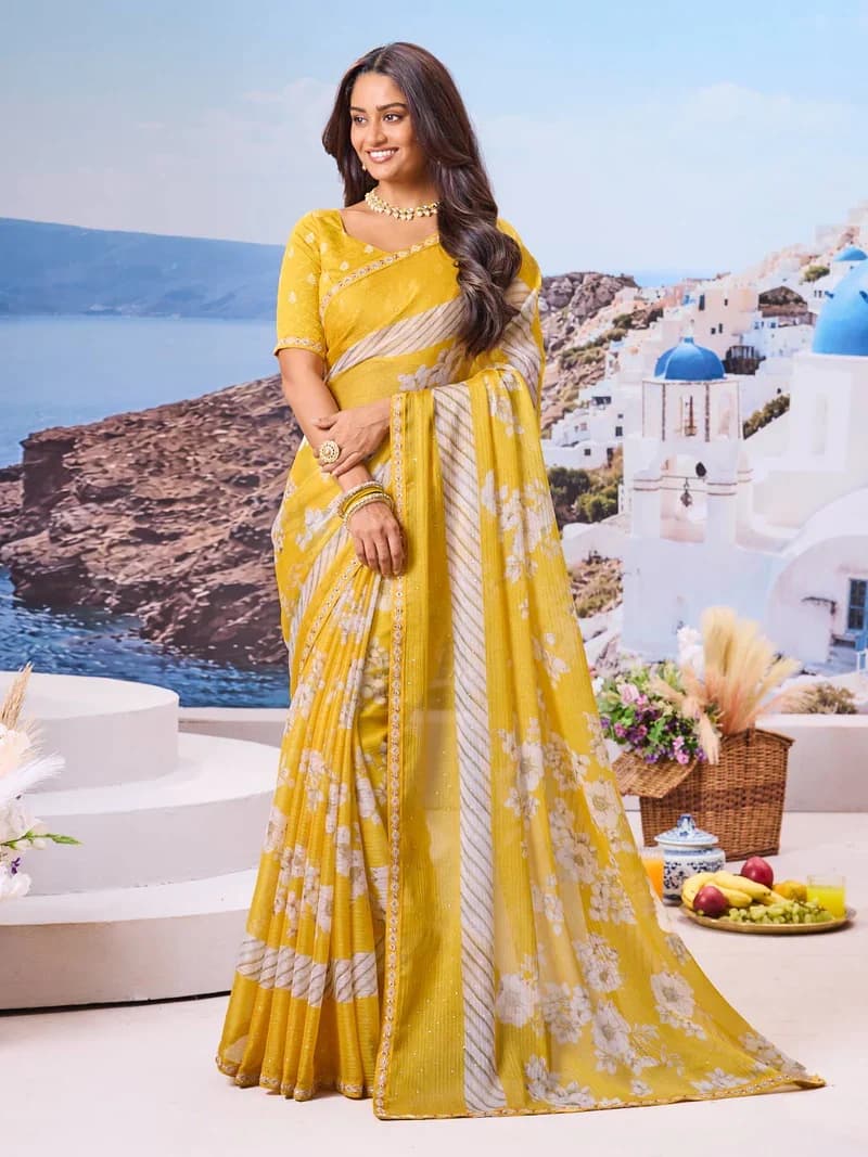 Laxmipati Yellow Silk Blend Floral Printed Saree