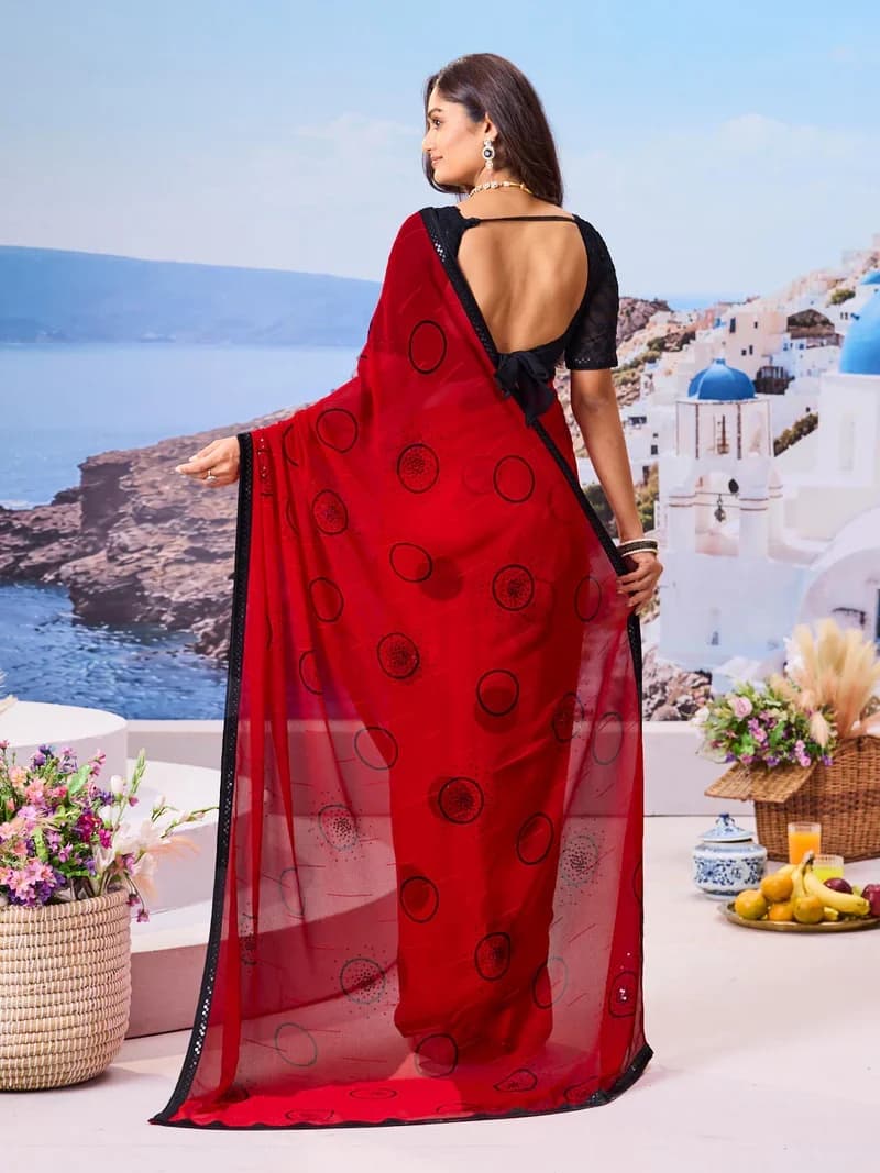 Laxmipati Red Georgette Geometric Printed with Sequin Saree 2