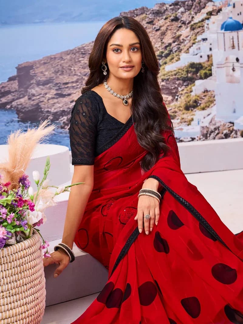Laxmipati Red Georgette Geometric Printed with Sequin Saree 3