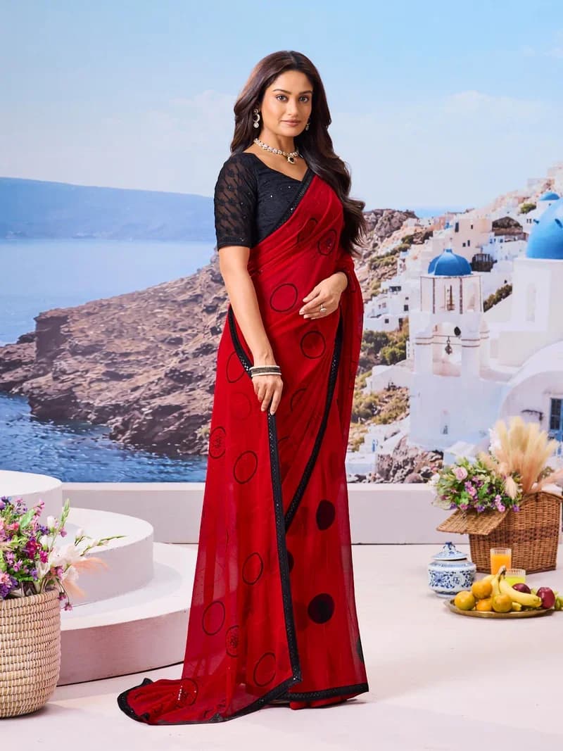 Laxmipati Red Georgette Geometric Printed with Sequin Saree 4