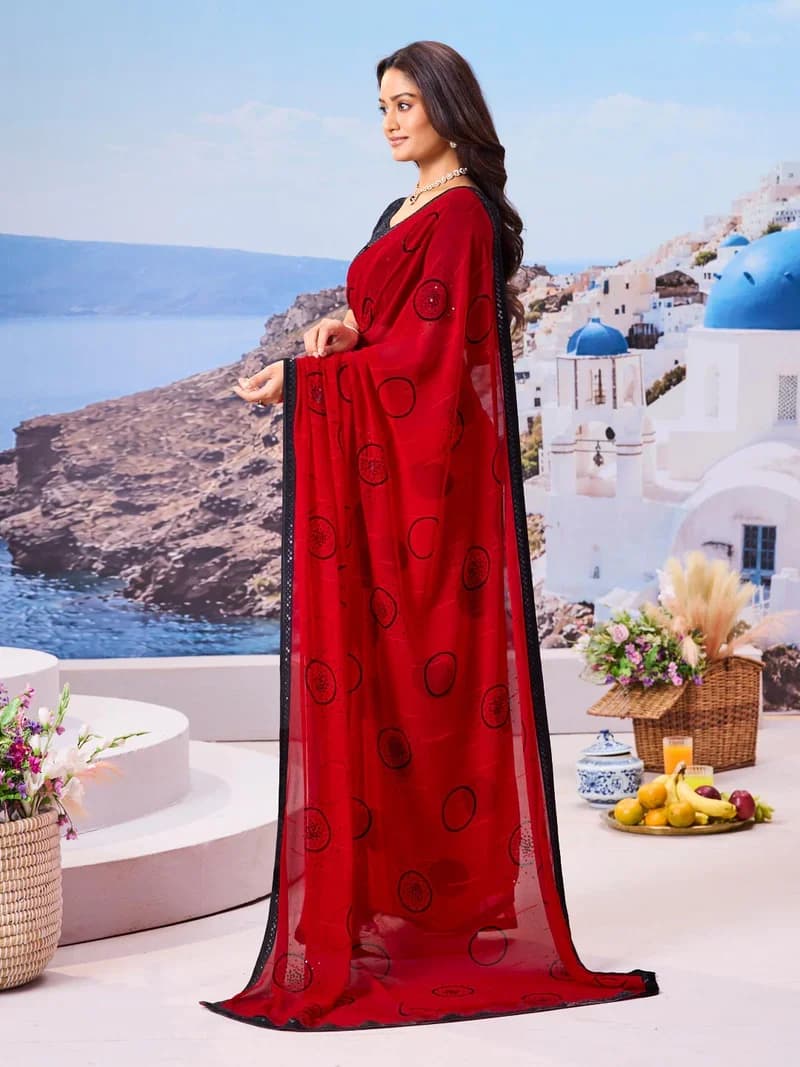 Laxmipati Red Georgette Geometric Printed with Sequin Saree 5