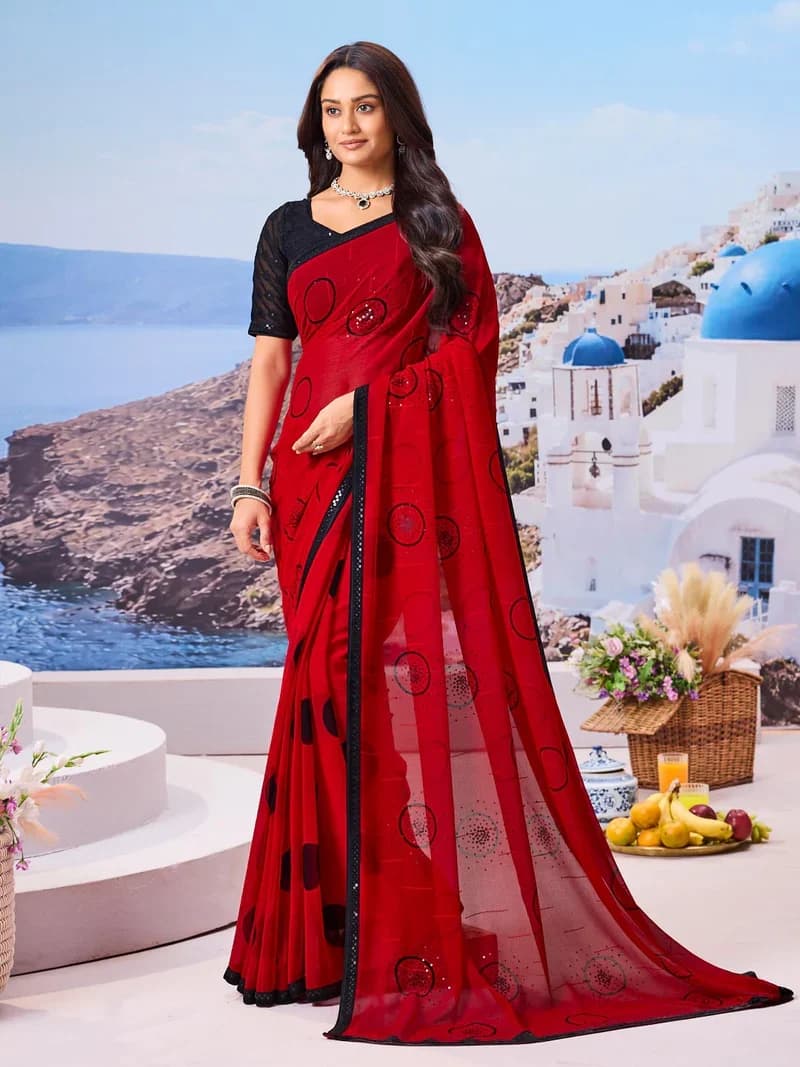 Laxmipati Red Georgette Geometric Printed with Sequin Saree
