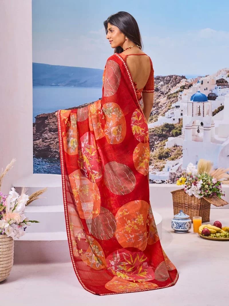 Laxmipati Red Chiffon Floral Printed Saree 2