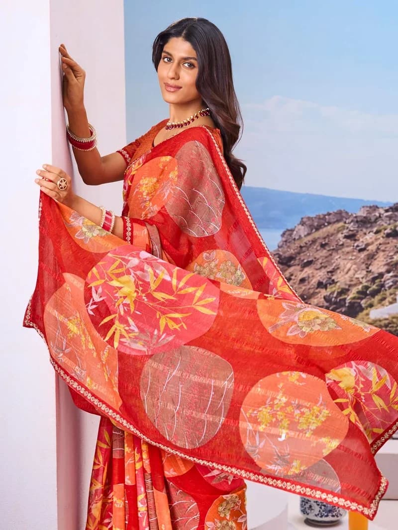 Laxmipati Red Chiffon Floral Printed Saree 3