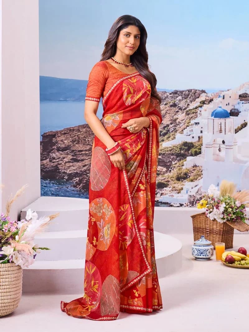 Laxmipati Red Chiffon Floral Printed Saree 4