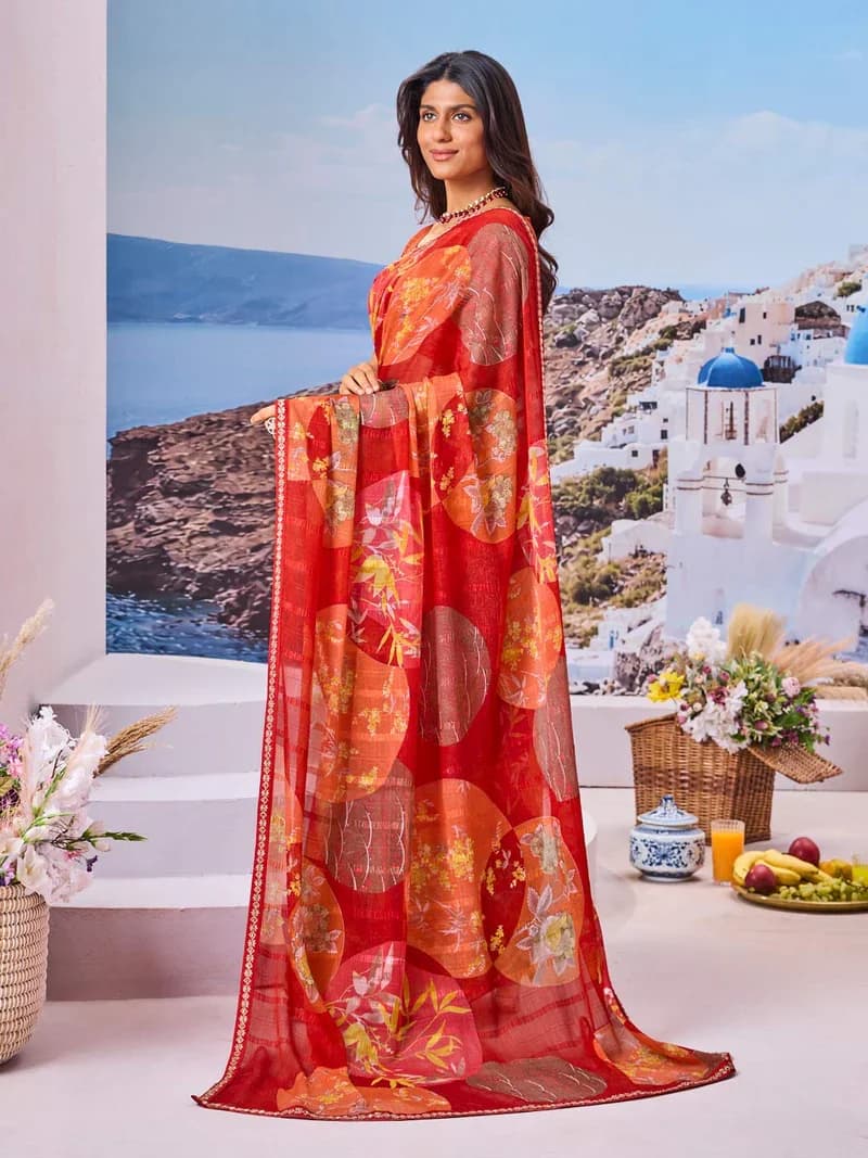 Laxmipati Red Chiffon Floral Printed Saree 5