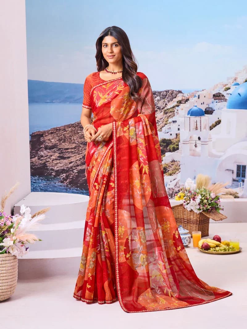 Laxmipati Red Chiffon Floral Printed Saree 6