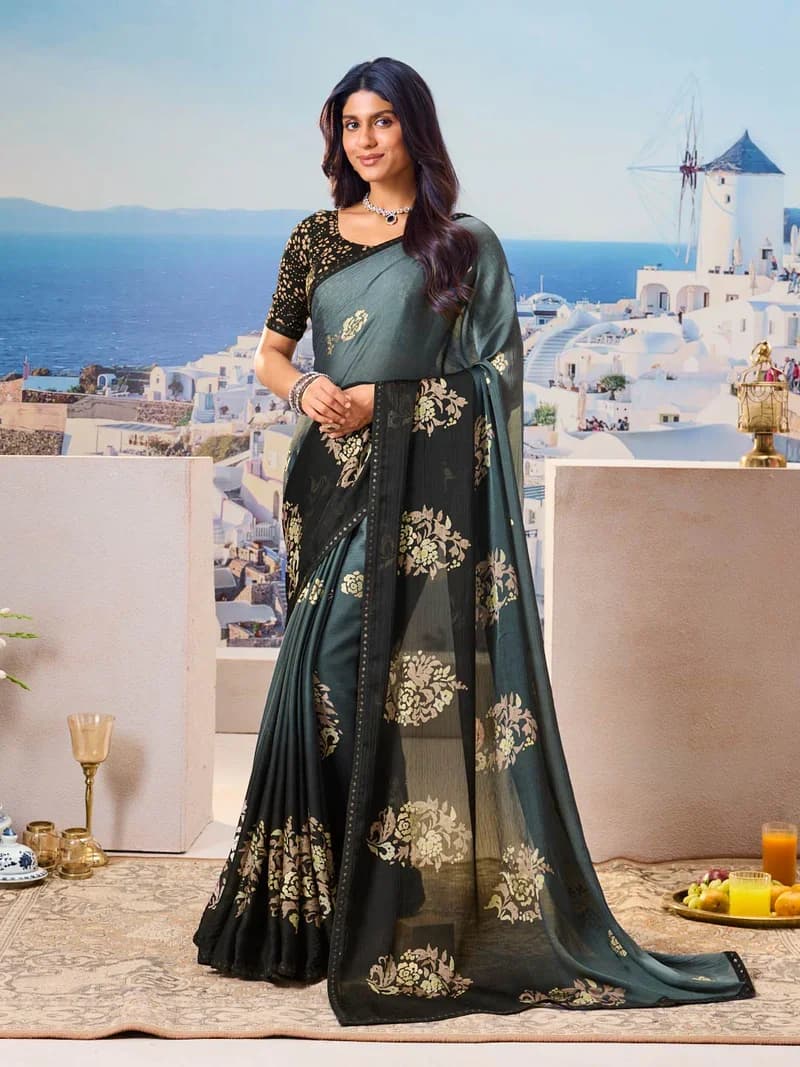 Laxmipati Black Silk Blend Floral Printed Saree
