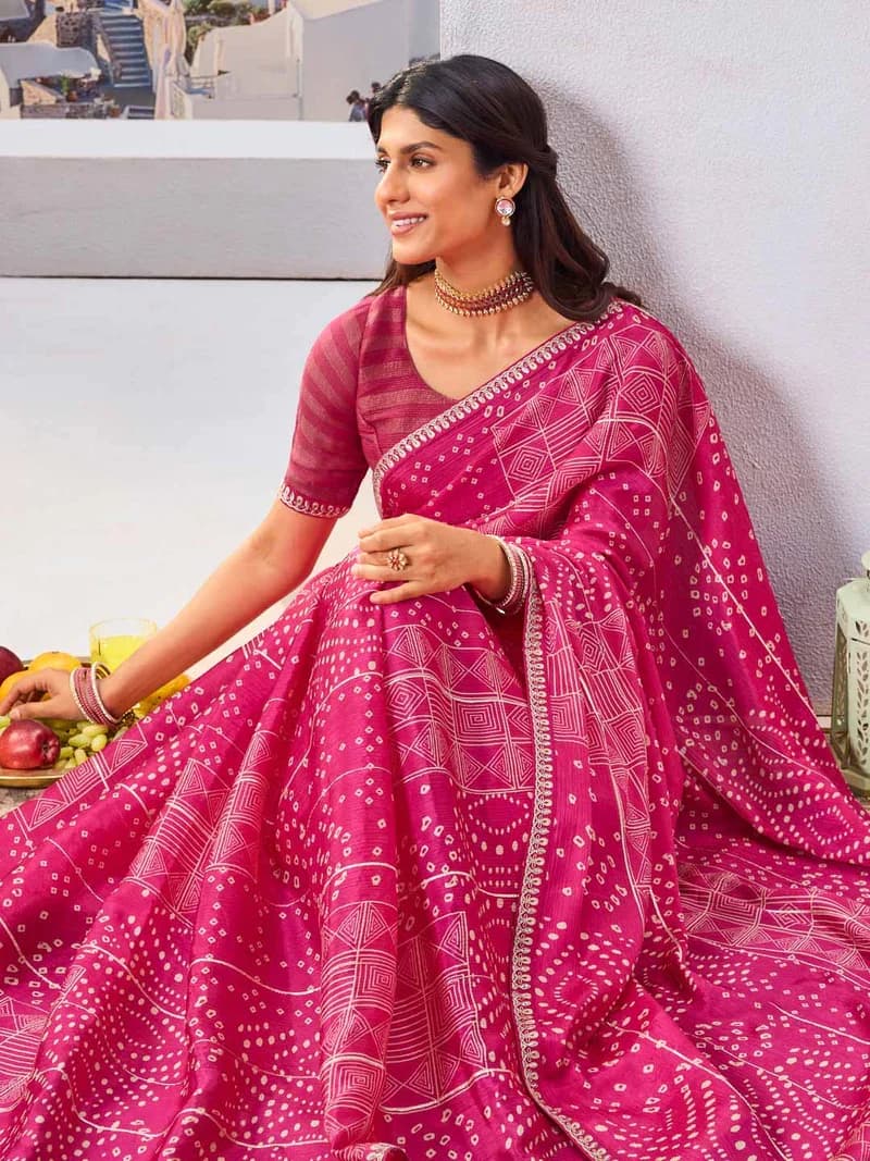 Laxmipati Pink Silk Blend Bandhani Printed Saree 3