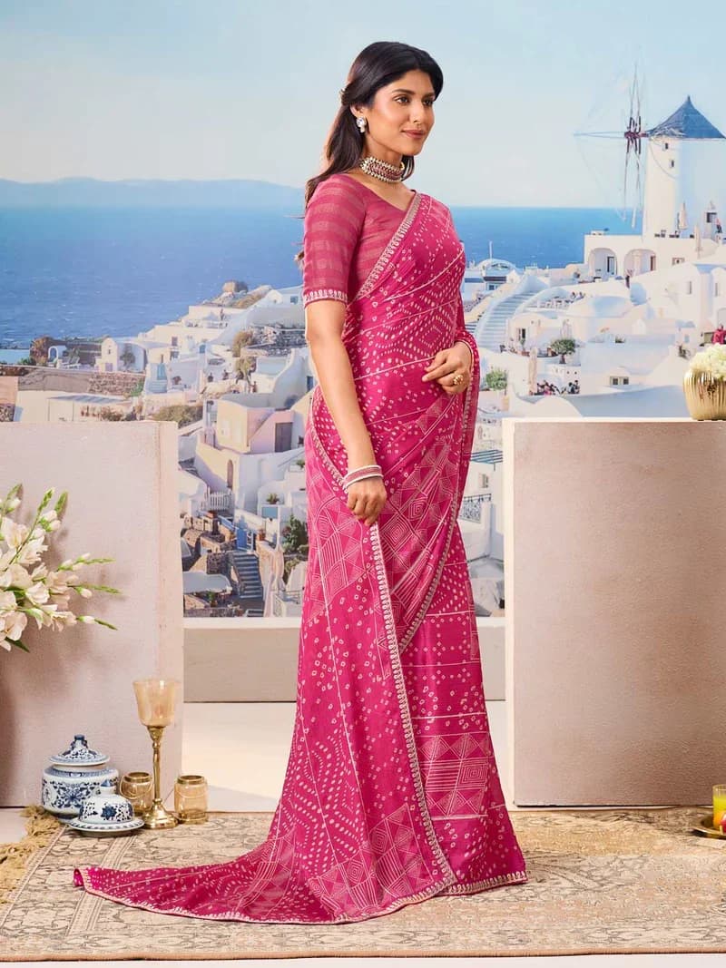 Laxmipati Pink Silk Blend Bandhani Printed Saree 4