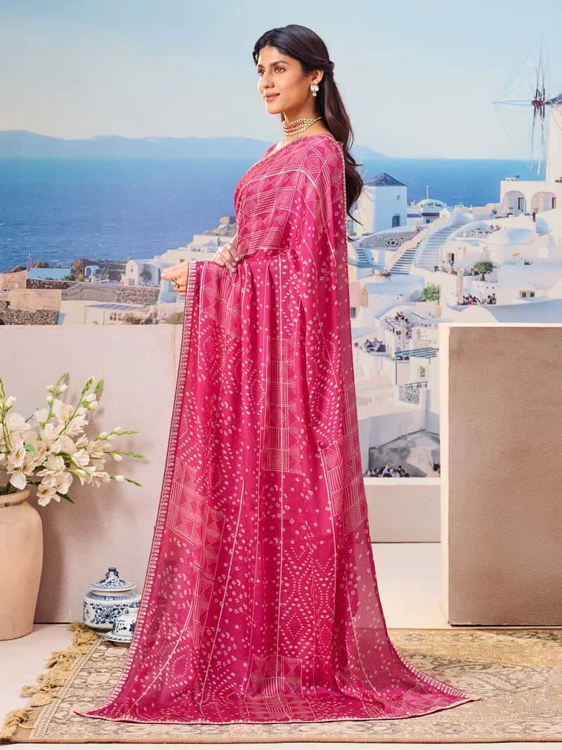 Laxmipati Pink Silk Blend Bandhani Printed Saree 5