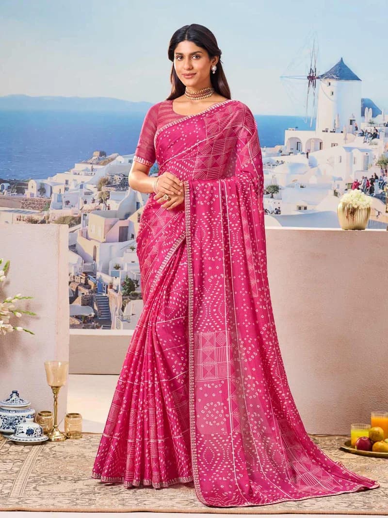 Laxmipati Pink Silk Blend Bandhani Printed Saree 6