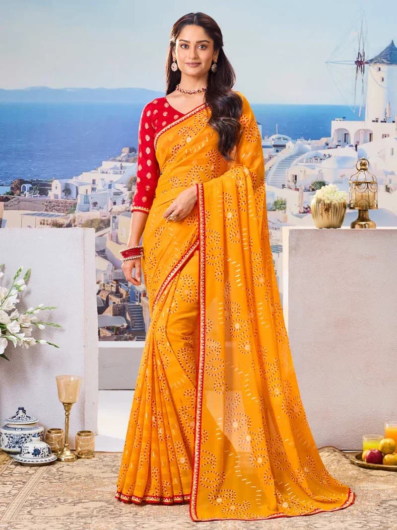 Laxmipati Mustard Georgette Geometric Printed Saree 6