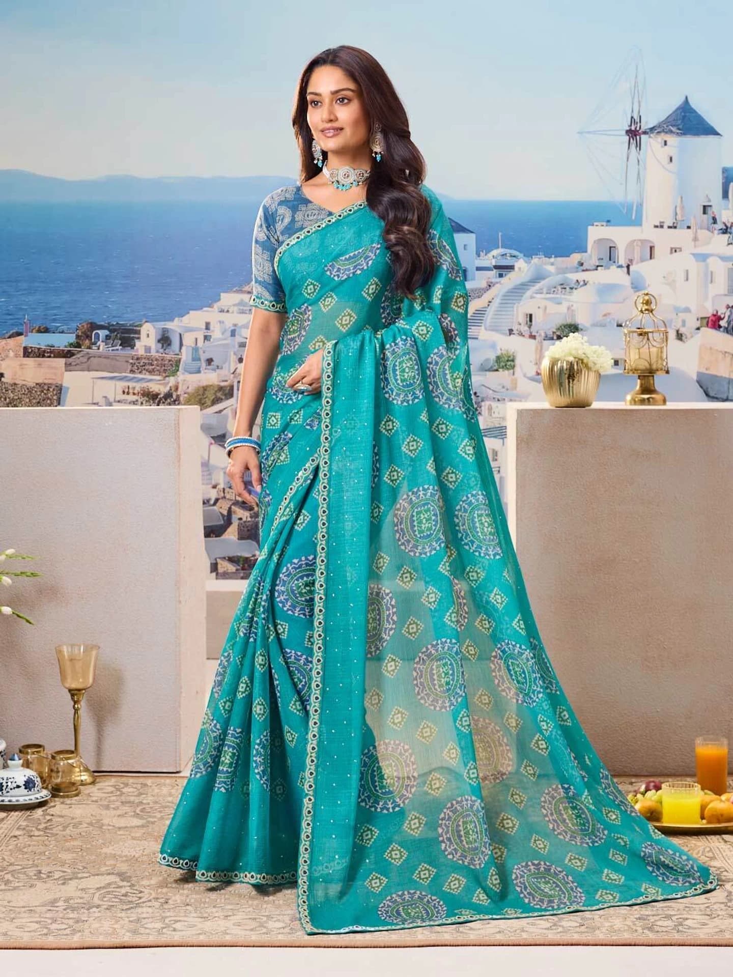 Laxmipati Printed Bollywood Chiffon Saree (Blue)