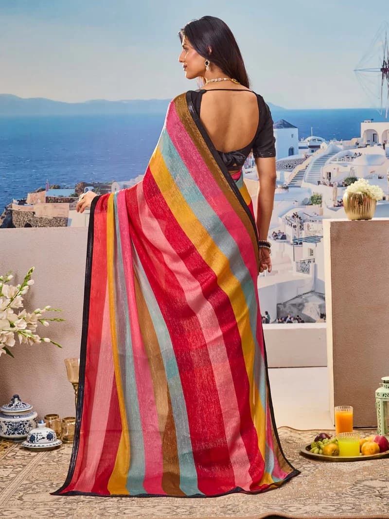 Laxmipati Multicolor Silk Blend Striped Printed Saree 2