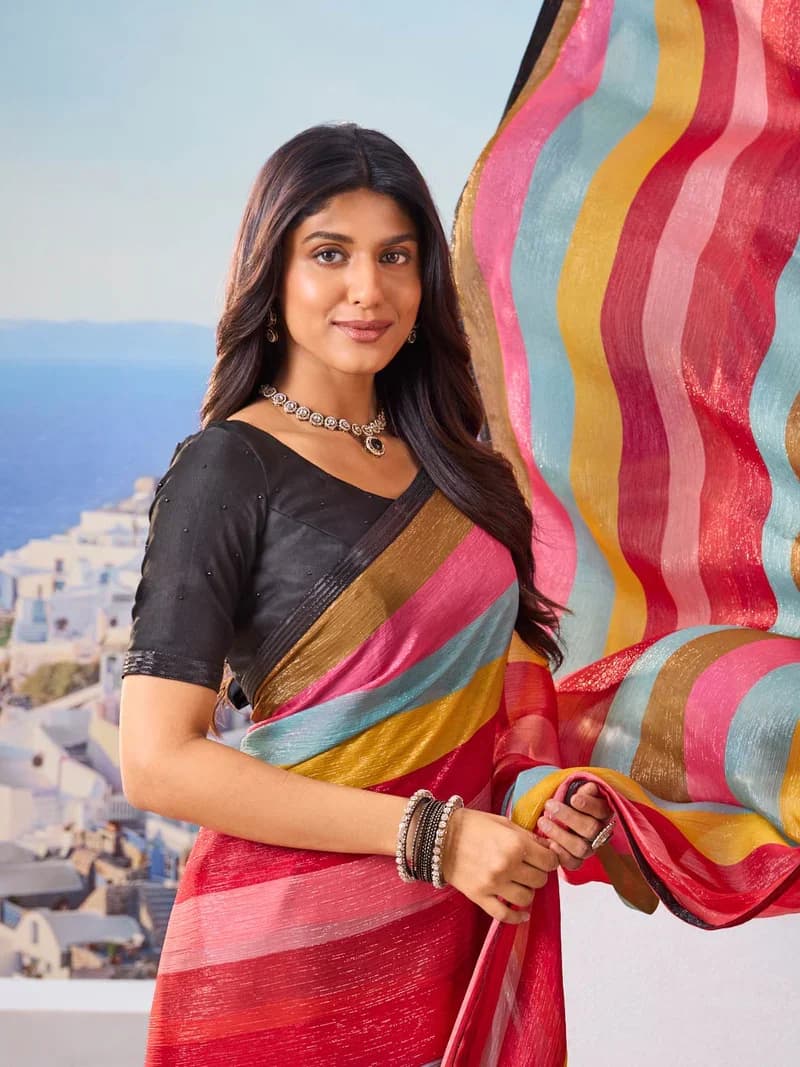 Laxmipati Multicolor Silk Blend Striped Printed Saree 3