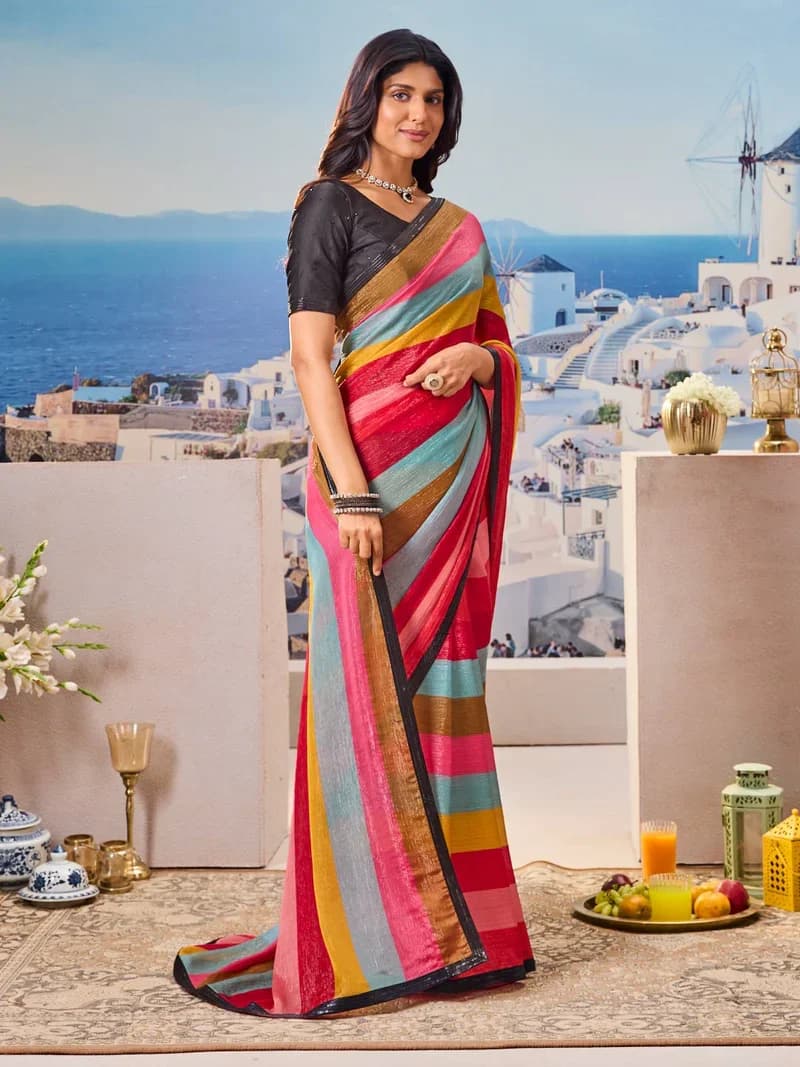 Laxmipati Multicolor Silk Blend Striped Printed Saree 4