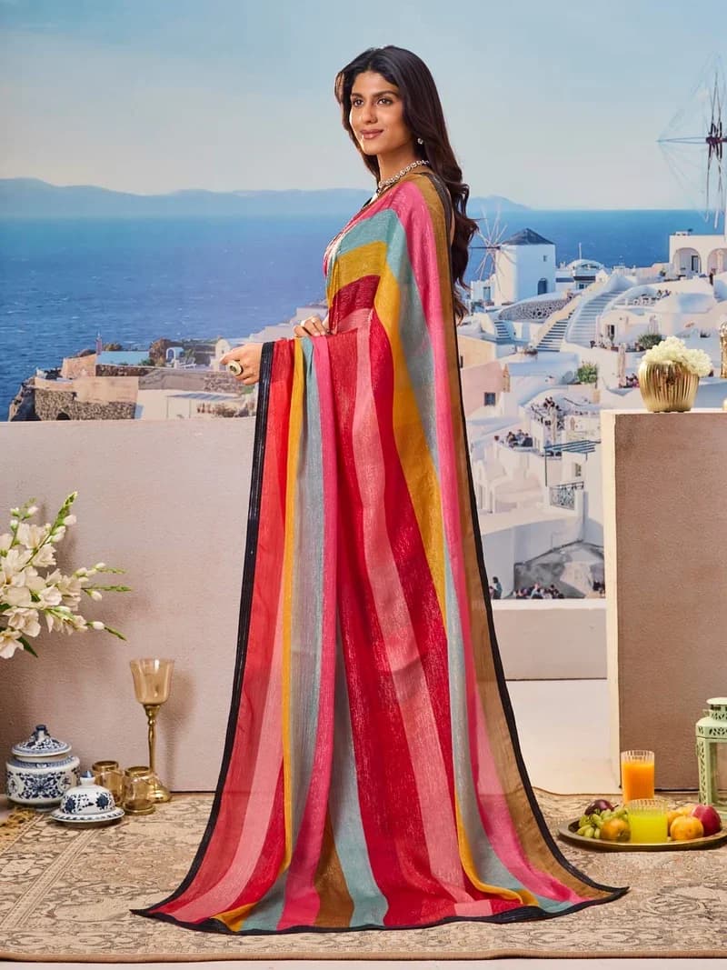 Laxmipati Multicolor Silk Blend Striped Printed Saree 5