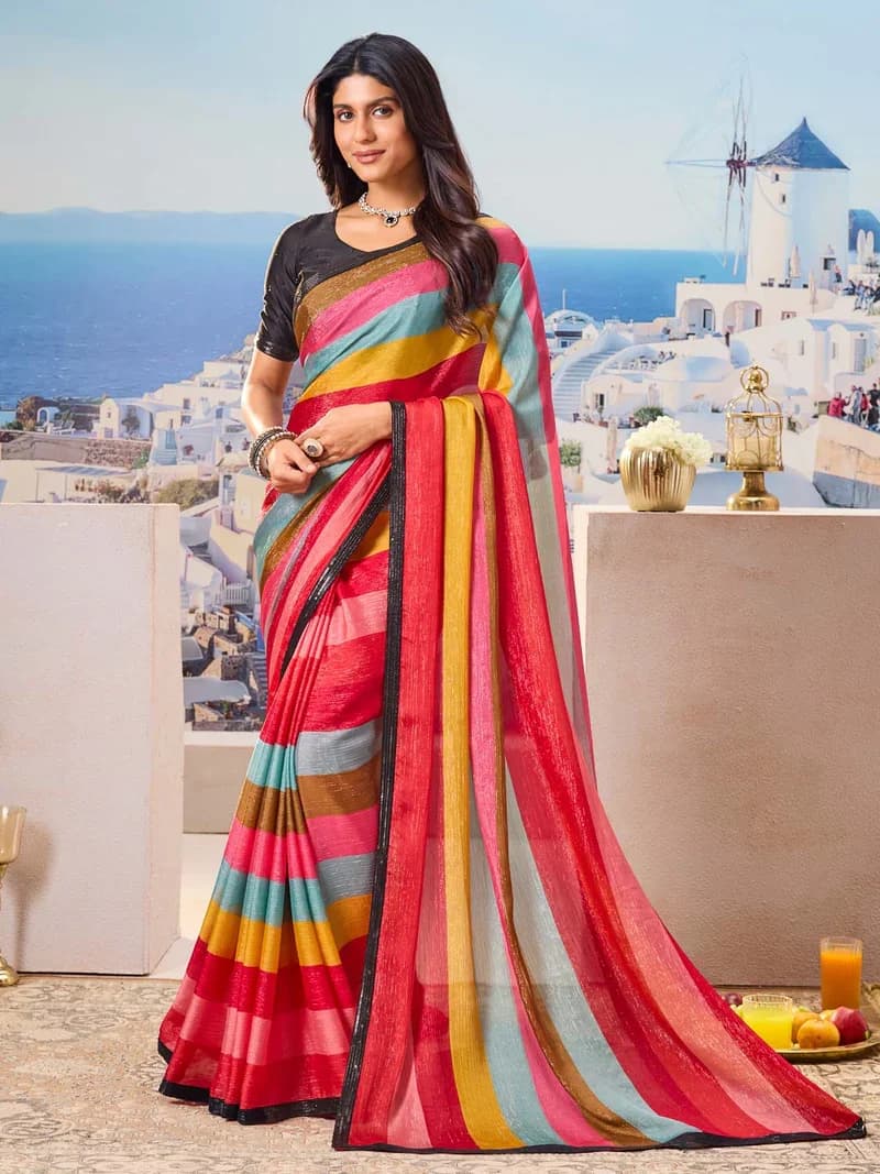 Laxmipati Multicolor Silk Blend Striped Printed Saree 6
