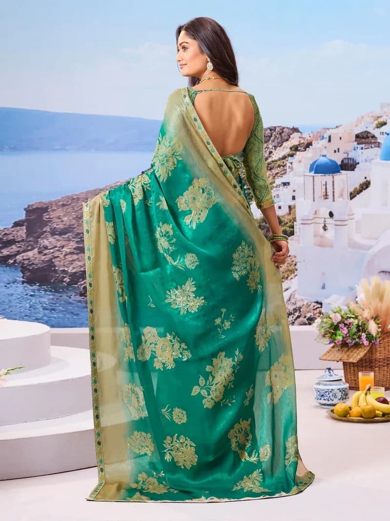Laxmipati Green Silk Blend Floral Printed Saree 2