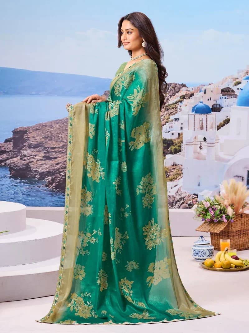 Laxmipati Green Silk Blend Floral Printed Saree 4