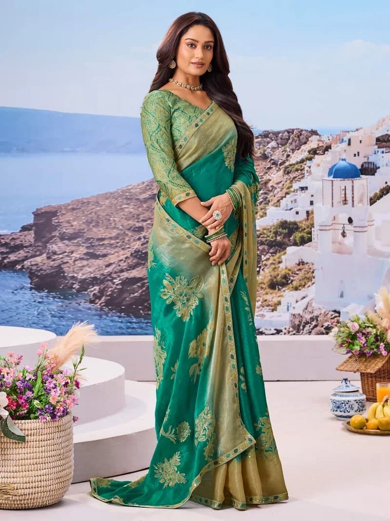 Laxmipati Green Silk Blend Floral Printed Saree 5