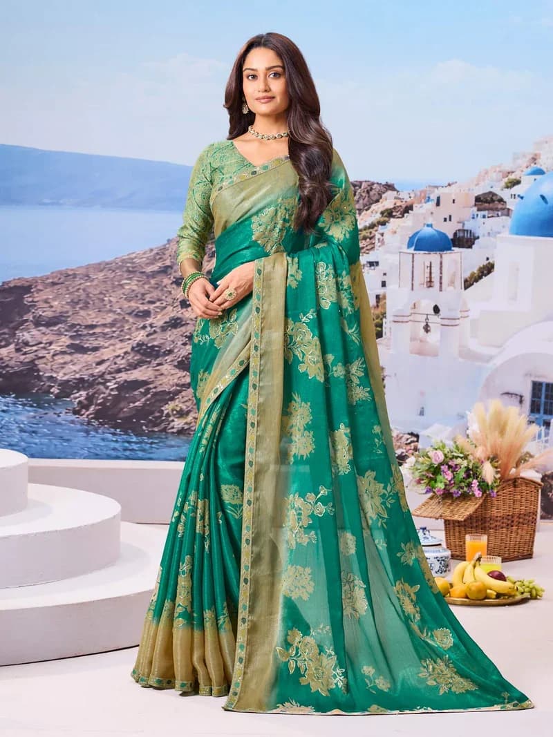Laxmipati Green Silk Blend Floral Printed Saree 6