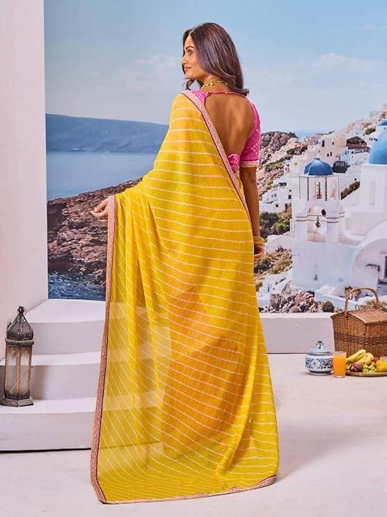 Laxmipati Yellow Chiffon Striped Printed Saree 2