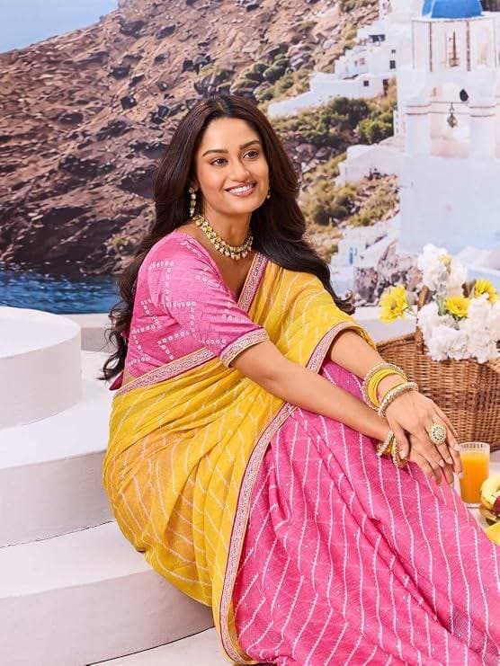 Laxmipati Yellow Chiffon Striped Printed Saree 3