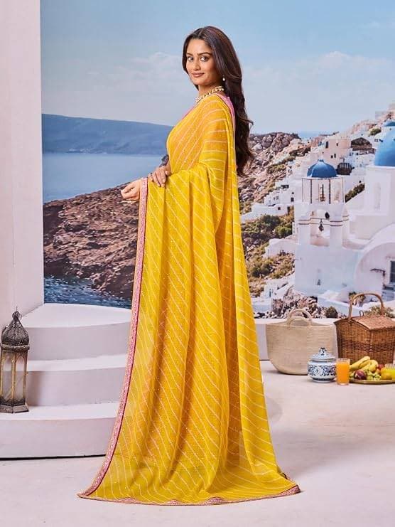 Laxmipati Yellow Chiffon Striped Printed Saree 4
