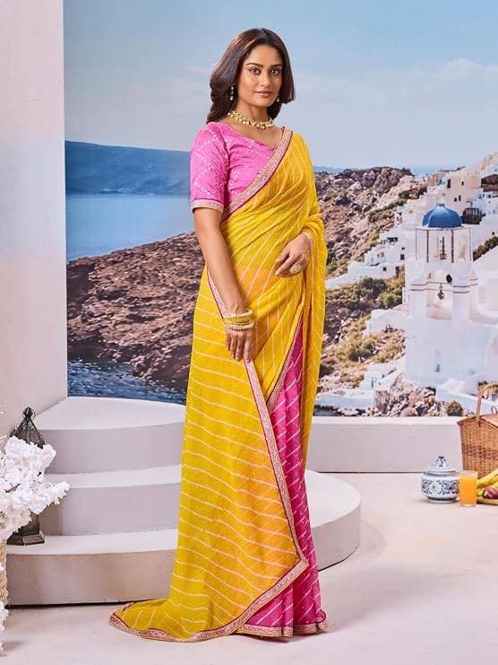Laxmipati Yellow Chiffon Striped Printed Saree 5