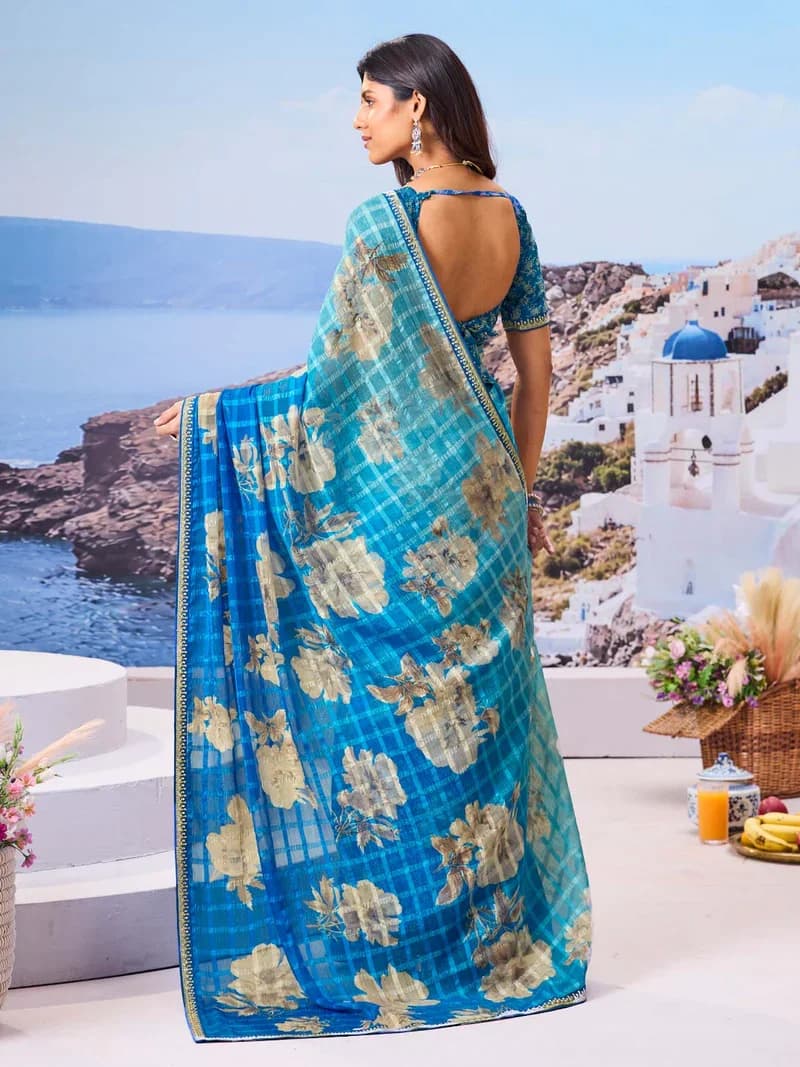 Laxmipati Blue Chiffon Floral Printed Saree 2