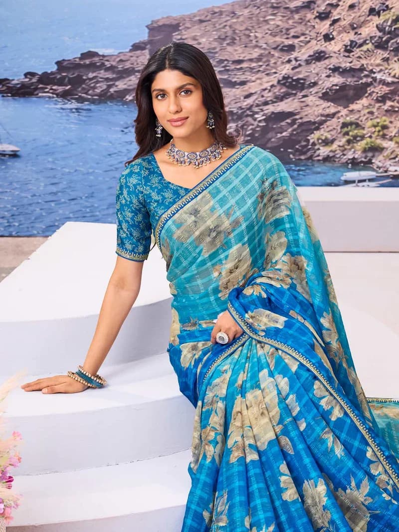 Laxmipati Blue Chiffon Floral Printed Saree 3