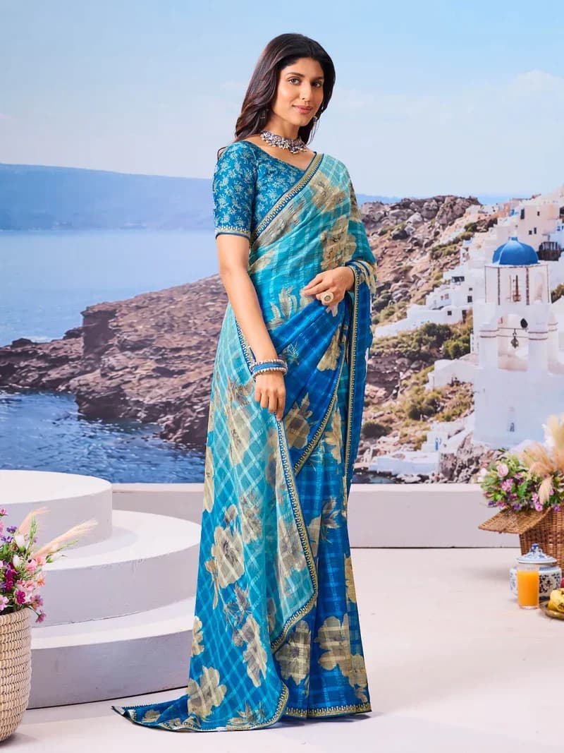 Laxmipati Blue Chiffon Floral Printed Saree 4