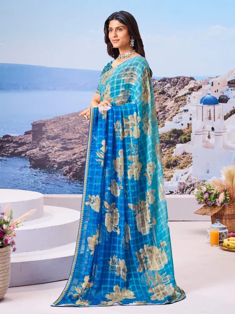 Laxmipati Blue Chiffon Floral Printed Saree 5