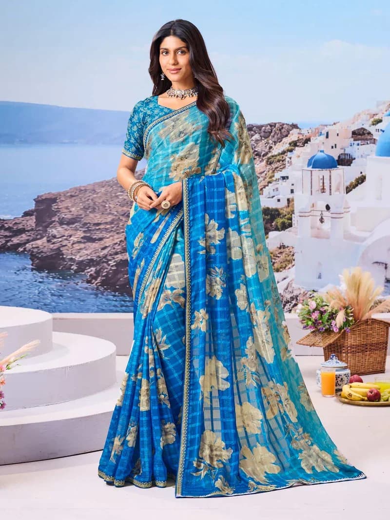 Laxmipati Blue Chiffon Floral Printed Saree