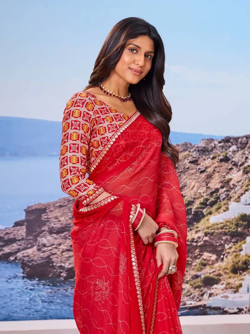 Laxmipat Red Chiffon Floral Printed Saree 3