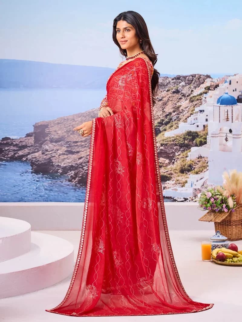 Laxmipat Red Chiffon Floral Printed Saree 4