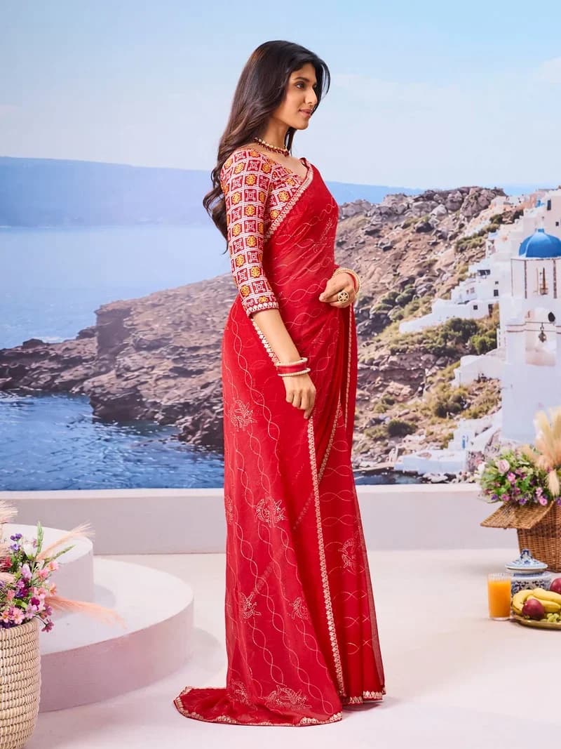 Laxmipat Red Chiffon Floral Printed Saree 5