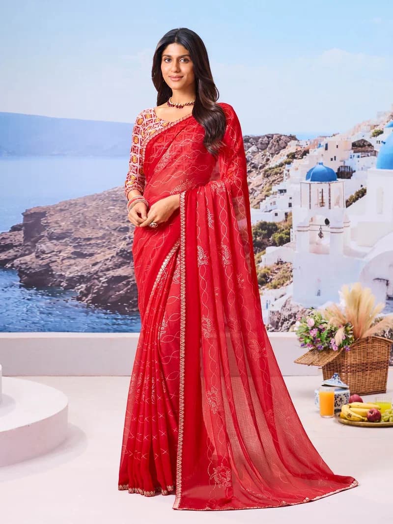 Laxmipat Red Chiffon Floral Printed Saree 6