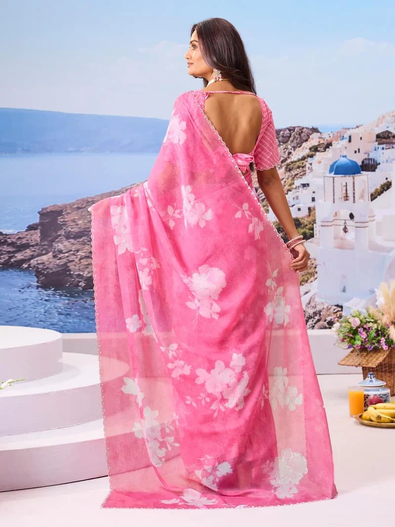 Laxmipati Pink Chiffon Floral Printed Saree 2