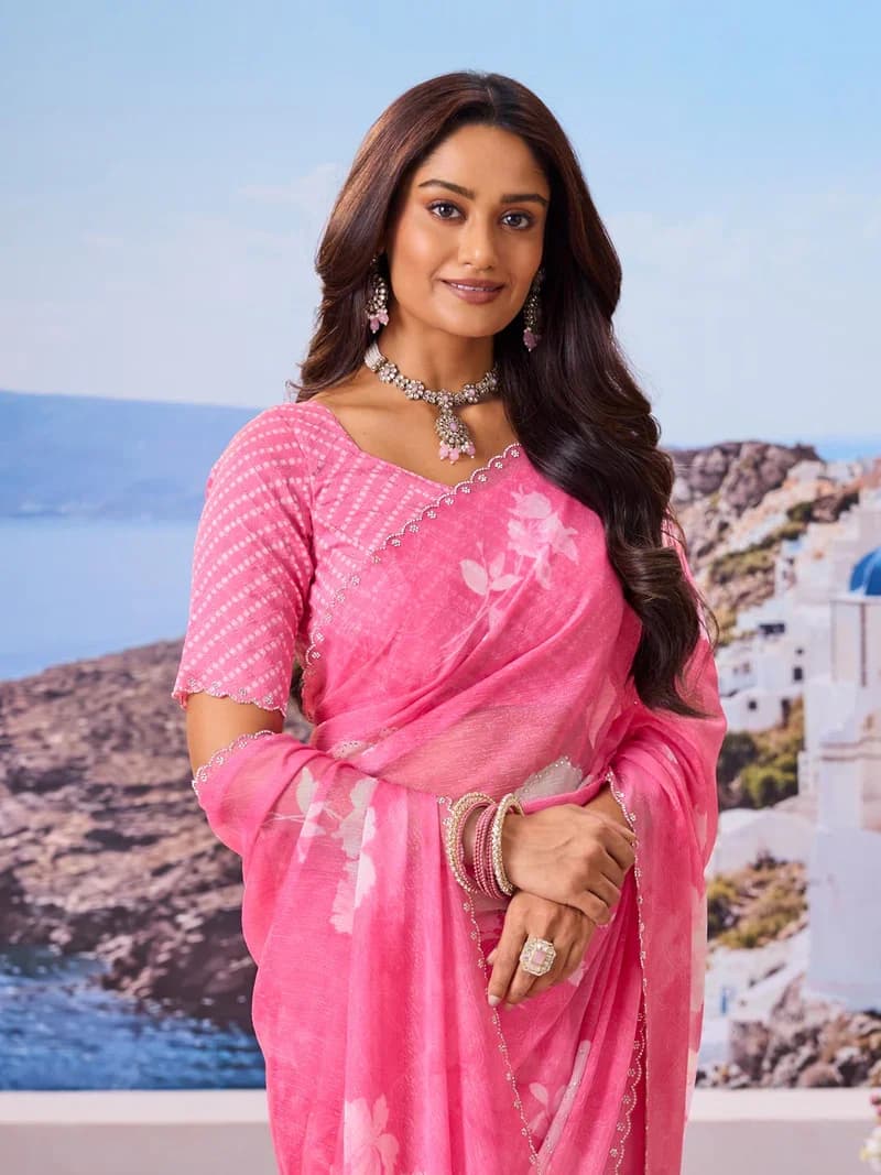Laxmipati Pink Chiffon Floral Printed Saree 3