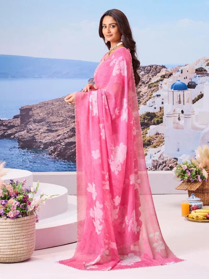 Laxmipati Pink Chiffon Floral Printed Saree 5