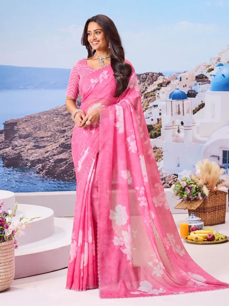 Laxmipati Pink Chiffon Floral Printed Saree 6