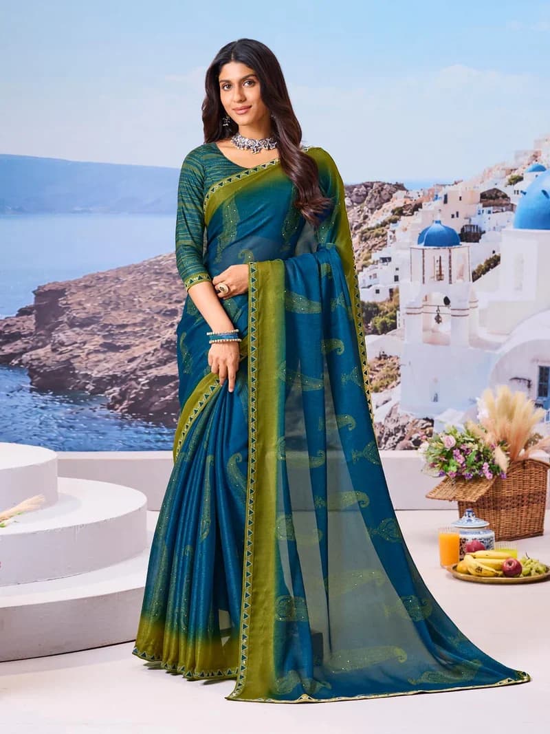 Laxmipati Blue Silk Blend Floral Printed Saree
