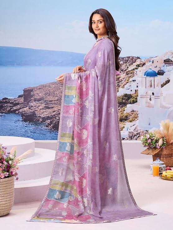 Laxmipati Lavender Chiffon Floral Printed Saree 4