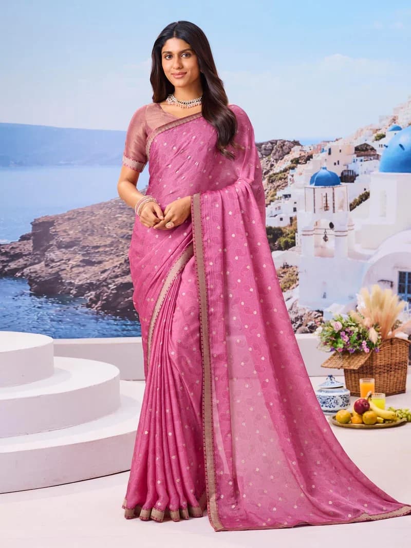Laxmipati Pink Silk Blend Floral Printed Saree