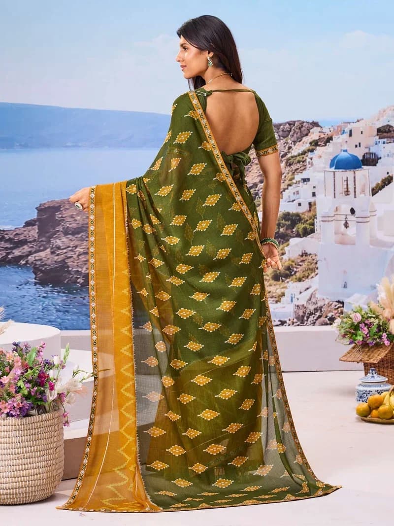 Laxmipati Green Chiffon Geometric Printed Saree 2